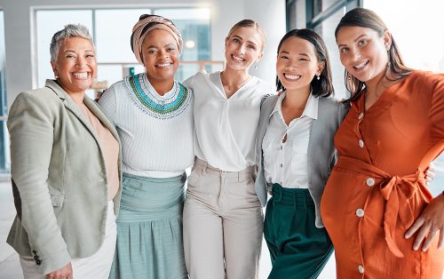 Women,,Business,Solidarity,And,Team,Portrait,In,Office,,Excited,With Women, business solidarity and team portrait in office, excited with support, pregnancy and care. Group, pregnant woman and together with love, community diversity and happy at financial workplace